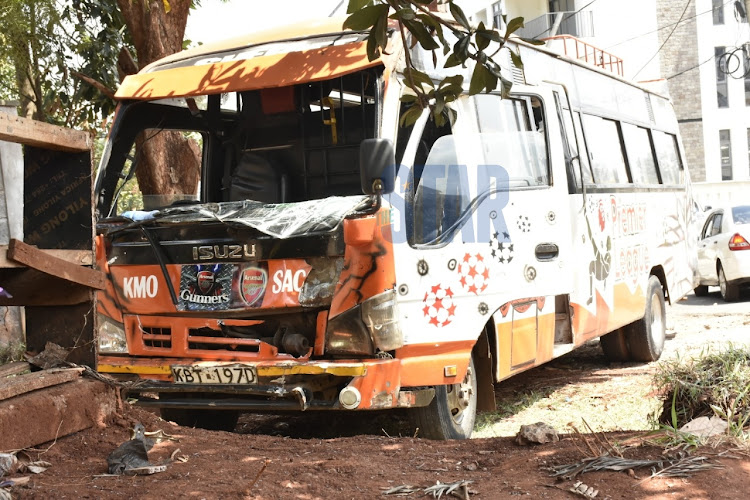 A matatu from KMO Sacco that hit Ghost Mulee's car from behind at Spring valley police station on October 16,2020/ MERCY MUMO