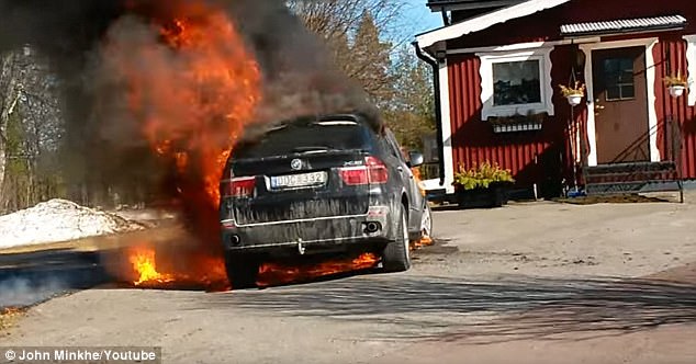 John Minkhe of Sweden said his BMW X5 burst into flames a few minutes after his wife and children switched off the engine and got out of the car