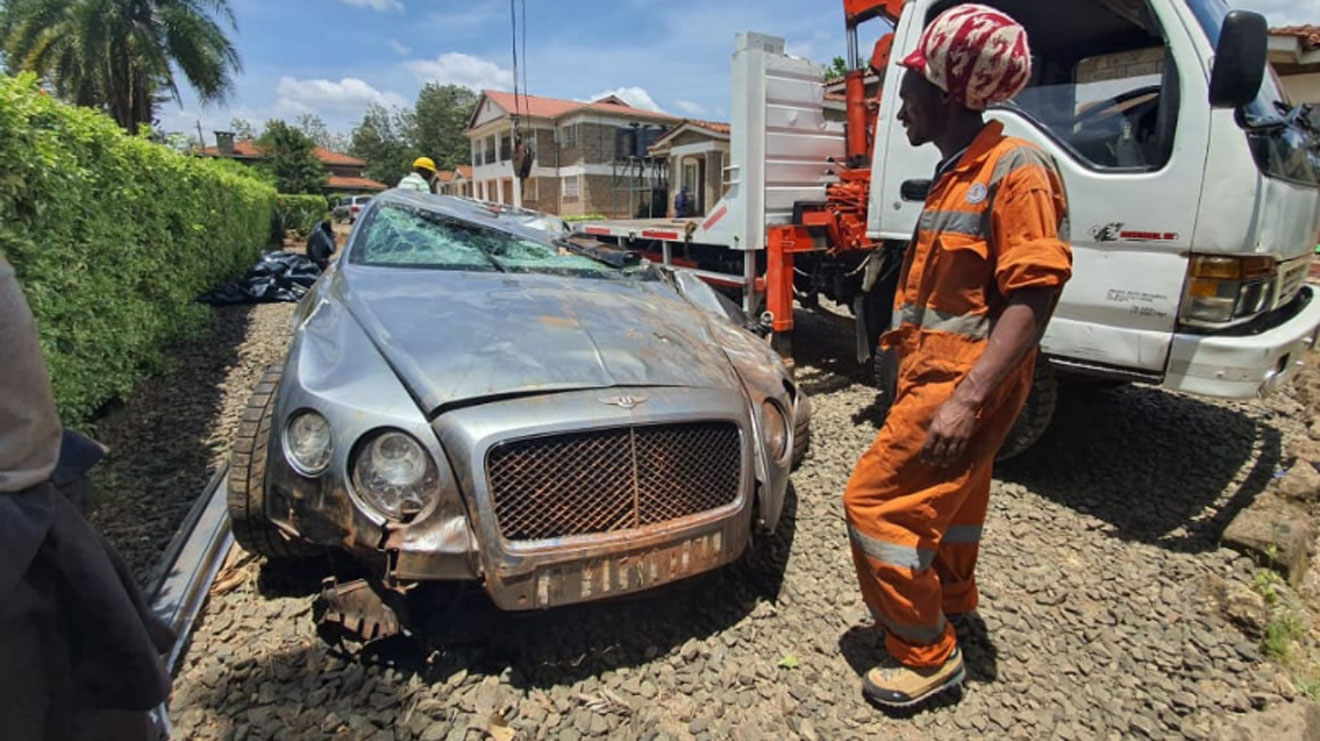 The wreckage of the classy Bentley Continental GT which was involved in the road accident. PHOTO | COURTESY